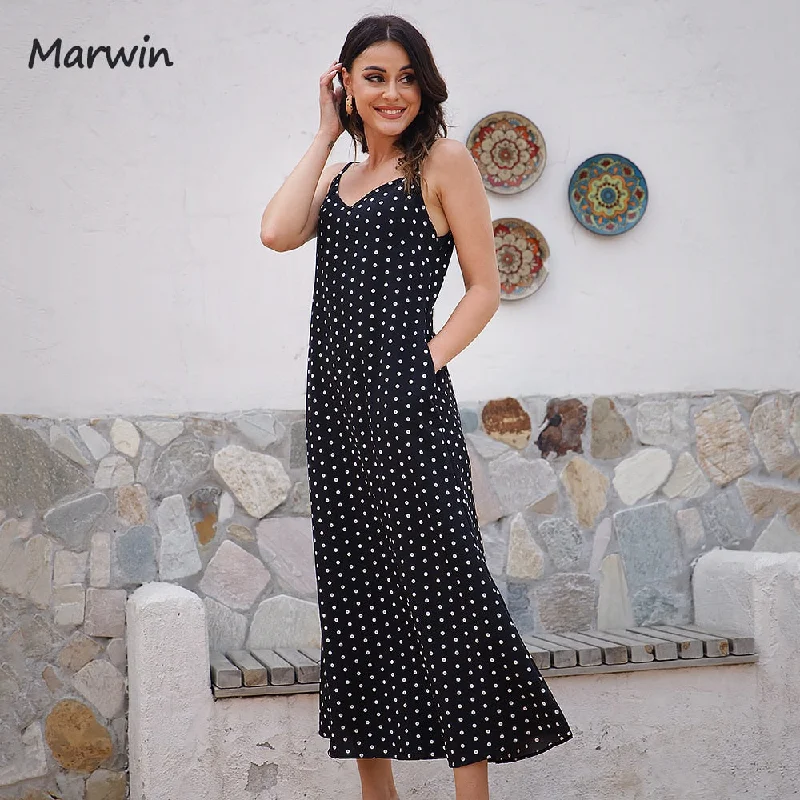 MARWIN Simply Casual Polka Dot Spaghetti Strap Pockets Maxi Dress Cozy Cold-Shoulder Maxi Dress