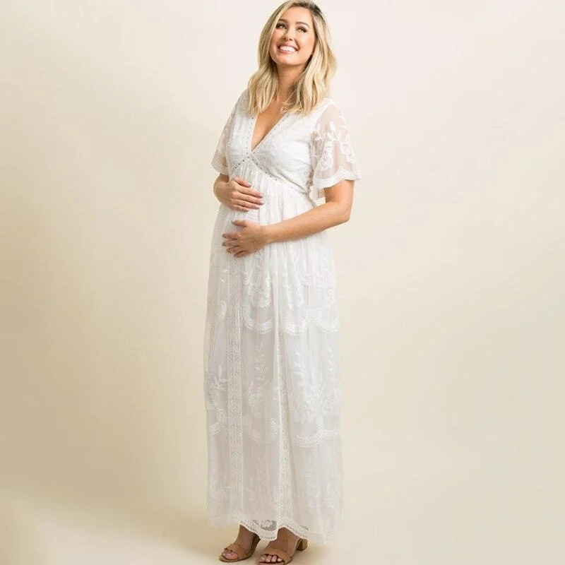 Maternity Dresses for Photo Shoot Summer V Neck White Lace Short Sleeve Pregnancy Dress Pregnant Women Photography Maxi Dress Trendy Off-Shoulder Ruffle Maxi Dress