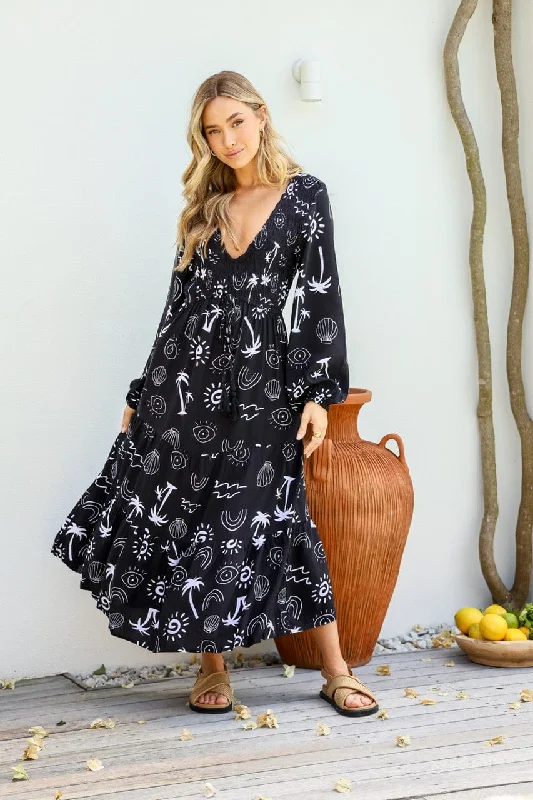 Maui Shirred Drawstring Maxi Dress - Black Cozy Spaghetti Strap Maxi Dress