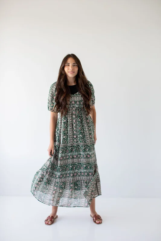 'Medora' Oriental Garden Maxi Dress in Deep Green Stylish Maxi Dress with Pleats