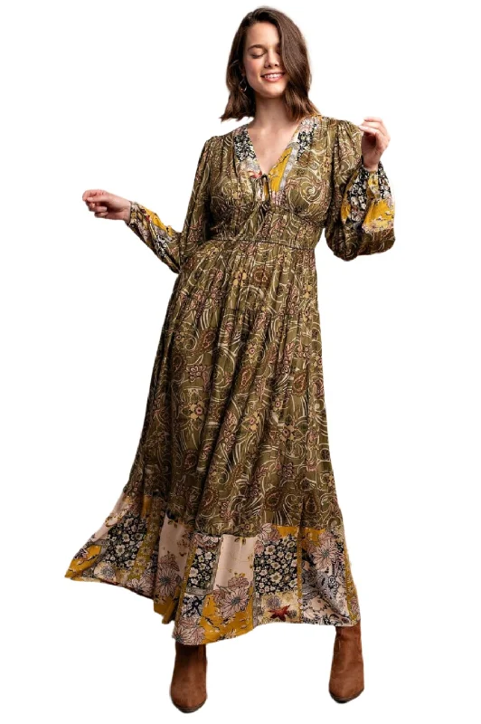 MIXED PAISLEY PRINTED FRONT TIE MAXI DRESS Comfortable Pleated Maxi Dress