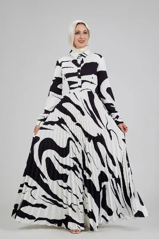 Samira Monochrome Brushstroke Print Pleated Maxi Dress Elegant Lace Maxi Dress