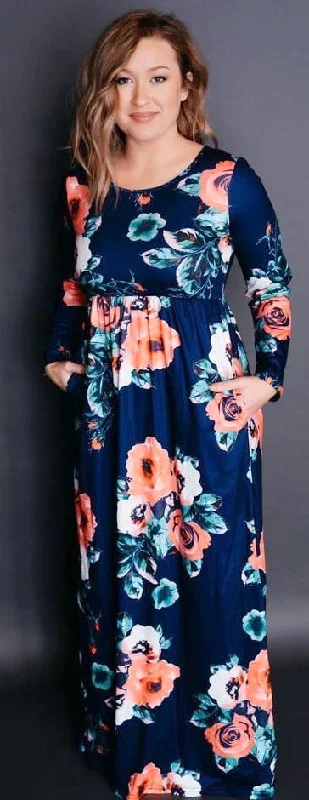 Navy Floral Babydoll Maxi Dress Comfortable Ruffle Hem Maxi Dress
