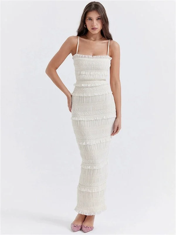 New sexy spaghetti strap bust-fitting white maxi dress Elegant Maxi Dress with Pockets
