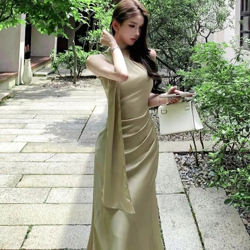New Women's Off-Shoulder Maxi Dress Summer Slim Fit Trendy Ruffled Maxi Dress