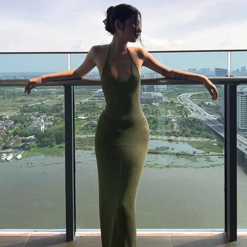 Open Back Halter Sleeveless Maxi Dress Trendy Short Sleeve Maxi Dress