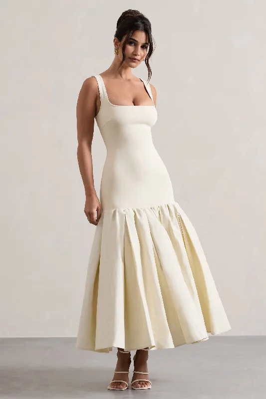 Parida | Cream Poplin Drop-Waist Maxi Dress With Peplum Hem Comfortable Maxi Dress with Sleeves Parida | Cream Poplin Drop-Waist Maxi Dress With Peplum Hem Comfortable Maxi Dress with Sleeves