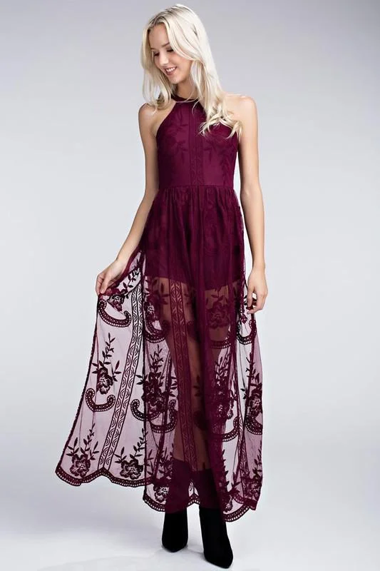 Paris Halter Wine Maxi Dresses Trendy Fit-and-Flare Maxi Dress