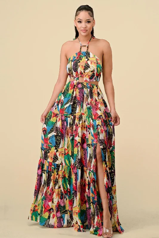 parrot print cut out halter maxi dress Comfortable Bohemian Maxi Dress