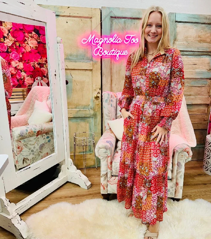 PATCHWORK PRINT CHIFFON BUTTON FRONT MAXI DRESS by FATE Comfortable Bohemian Maxi Dress PATCHWORK PRINT CHIFFON BUTTON FRONT MAXI DRESS by FATE Comfortable Bohemian Maxi Dress