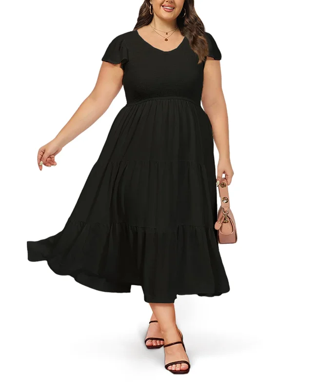 Plus Size Maxi Dress V Neck for Summer - Black Chic Off-Shoulder Maxi Dress