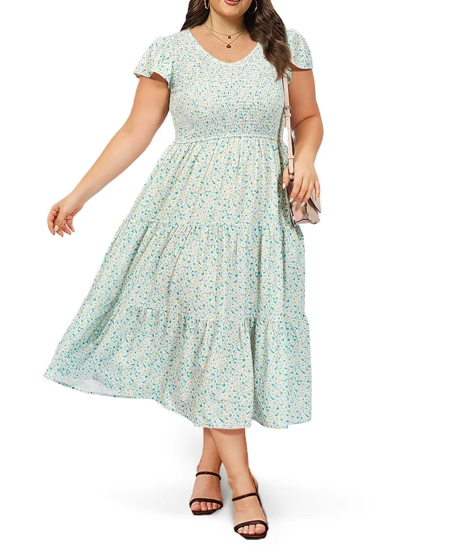 Plus Size Maxi Dress V Neck for Summer - Green Cozy Ruffle Sleeve Maxi Dress