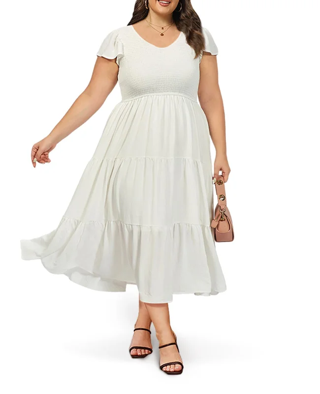 Plus Size Maxi Dress V Neck for Summer - White Casual Maxi Dress with Pockets
