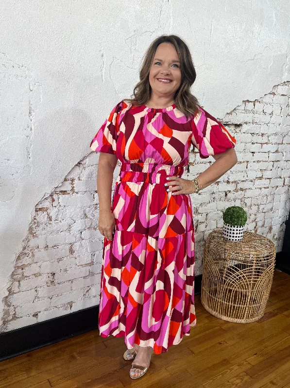 PUFF SLEEVE MULTI COLOR MAXI DRESS Fashionable Chiffon Maxi Dress