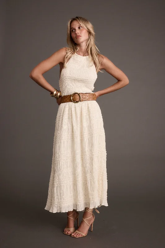 Quinn Ivory High Neck Shimmer Chiffon Maxi Dress Fashionable Sleeveless Maxi Dress