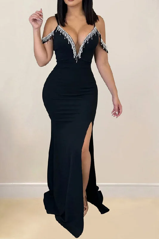 storexq Rhinestone Tassel Patchwork Elegant Cold Shoulder Maxi Dress Comfortable Maxi Dress with Slits