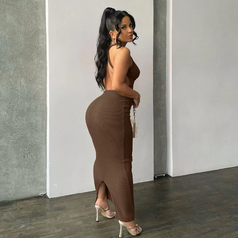 Ribbed Sleeveless Backless Halter X-Strap Maxi Dress Elegant Wraparound Maxi Dress
