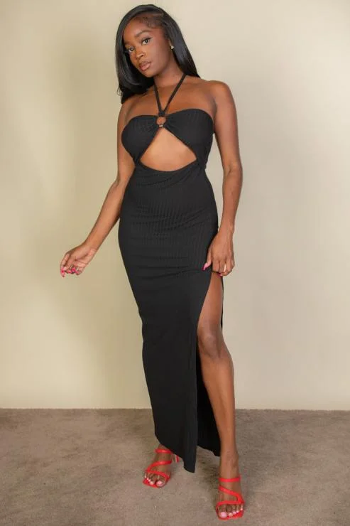 Ribbed Cut Out Front Side Slit Maxi Dress Fashionable High-Waist Maxi Dress