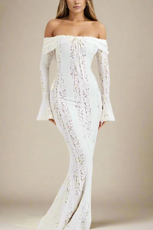 Rose Long Sleeve Bodycon Maxi Dress - Pearl White Stylish Pleated A-Line Maxi Dress