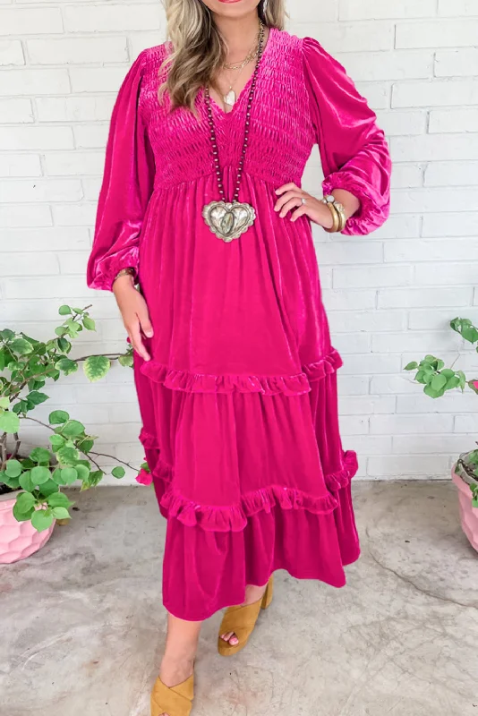 Rose Red Shirred V Neck Tiered Ruffled Velvet Plus Size Maxi Dress Comfortable Maxi Dress with Belt
