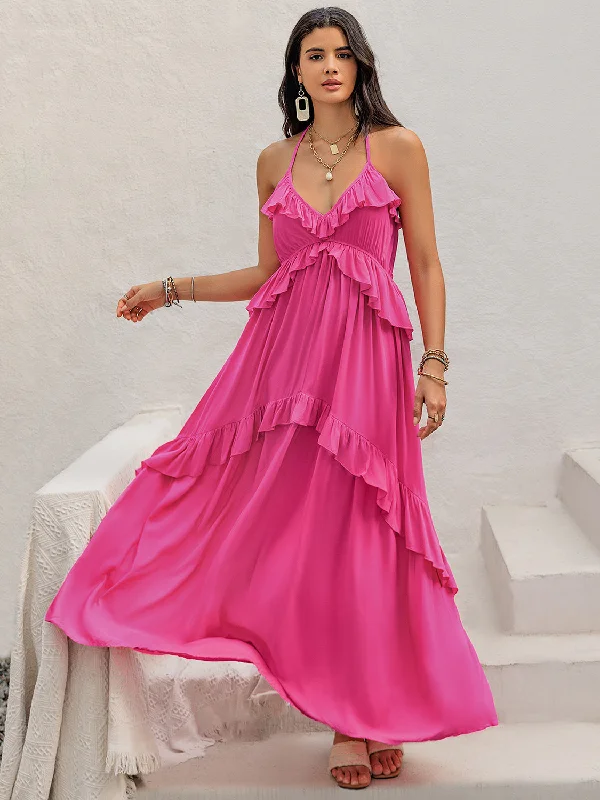Ruffled Halter Neck Sleeveless Maxi Dress Stylish V-Neck Maxi Dress