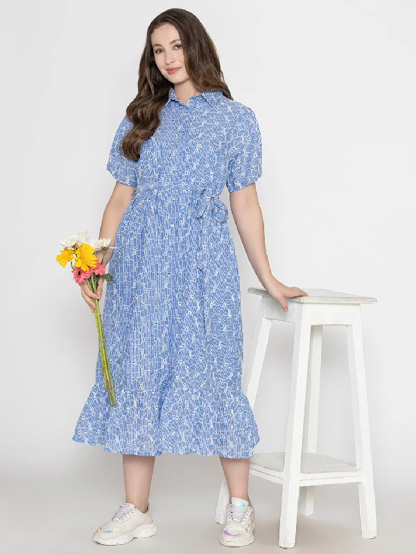 Blue 100% Cotton Collar Neck Maxi Dress Comfortable Maxi Dress with Sleeves