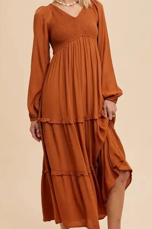 Sepia Smocked Ruffle Maxi Dress Elegant Pleated Maxi Dress