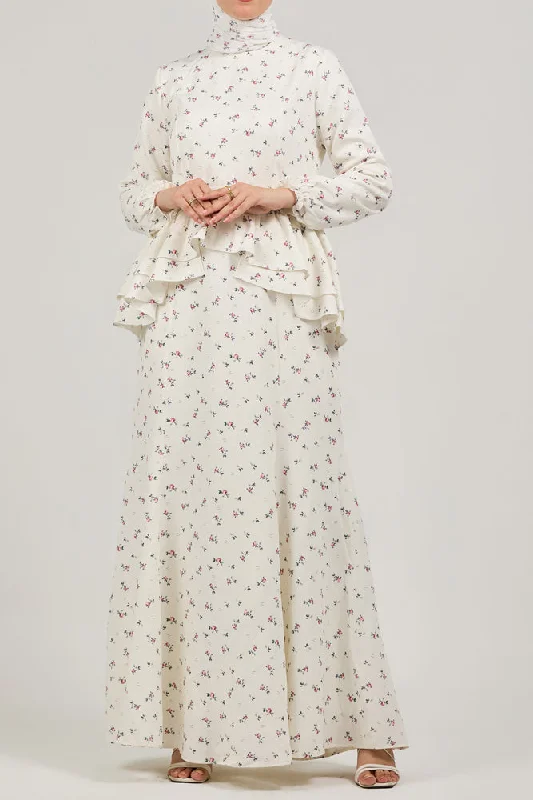 Serene Delicate Floral Crepe Polyester Maxi Dress with Layered Peplum Comfortable Maxi Dress with Slits