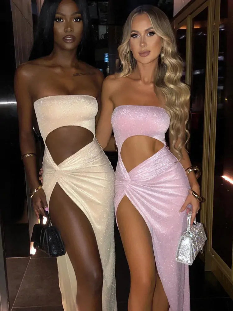 Sexy Strapless High Split Maxi Dress Elegant Pleated Maxi Dress