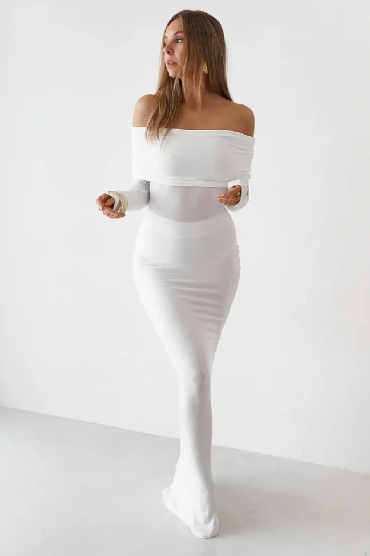 Sheer Maxi Dress - White Cozy Cold-Shoulder Maxi Dress