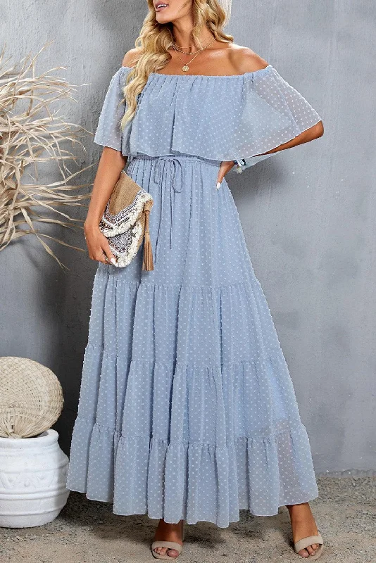 Sky Blue Yellow Yellow Off Shoulder Ruffle Swiss Dot Maxi Dress Comfortable Bohemian Maxi Dress