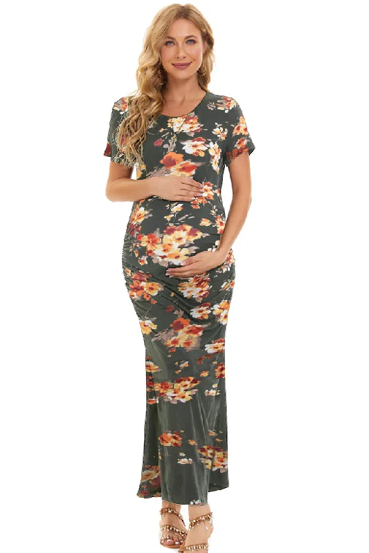 Smallahow Short Sleeve Floral Maternity Maxi Dress Elegant Maxi Dress with Drapes