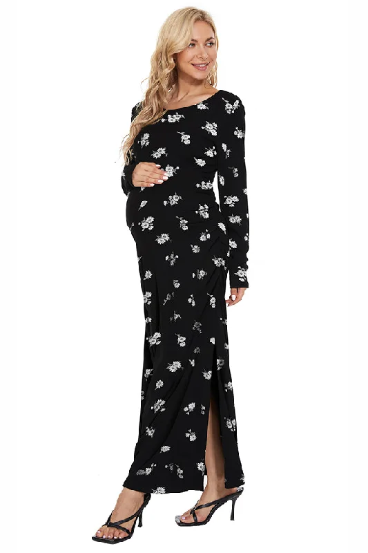 Smallshow Long Sleeve Floral Maternity Maxi Dress Trendy Printed Maxi Dress