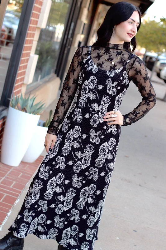 Black Floral Maxi Dress Trendy Maxi Dress with Lace