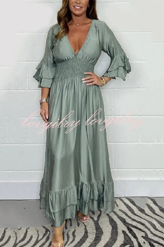 Solid Satin V-Neck Ruffle Sleeve Pleated Waist Maxi Dress Comfortable T-Shirt Maxi Dress
