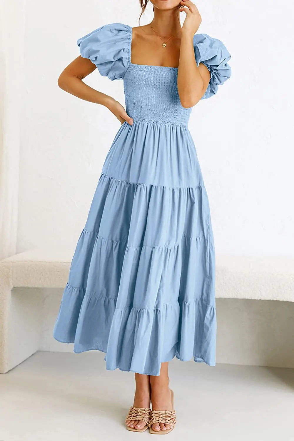 Summer Boho Smocked Maxi Dresses for Women 2024 Casual Puff Sleeve Square Neck A Line Tiered Ruffle Long Beach Dresses Cozy Knit Maxi Dress Summer Boho Smocked Maxi Dresses for Women 2024 Casual Puff Sleeve Square Neck A Line Tiered Ruffle Long Beach Dresses Cozy Knit Maxi Dress