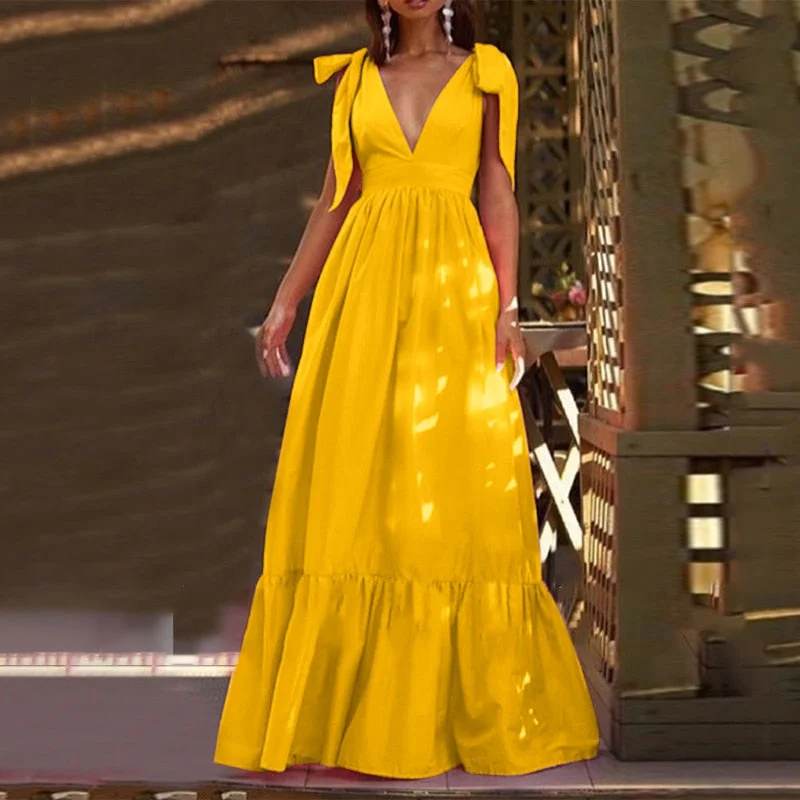 Summer Sleeveless Holiday Party Pleated Dress VONDA Sexy Deep V Neck Maxi Dresses Bohemian Vestidos Oversize Party Robe Elegant Boho Maxi Dress