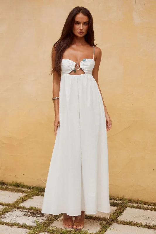 Tamala Maxi Dress - White Trendy Off-Shoulder Ruffle Maxi Dress