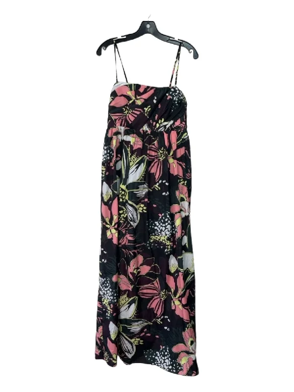 Tanya Taylor Size 8 Black Pink Yellow Polyester Blend Floral Maxi Dress Trendy Maxi Dress with Bow