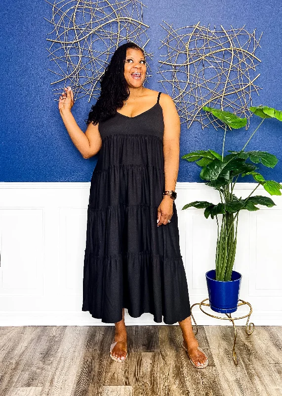 Tiered Tammy Maxi Dress With Pockets- Black (FINAL SALE) Trendy Floral Print Maxi Dress
