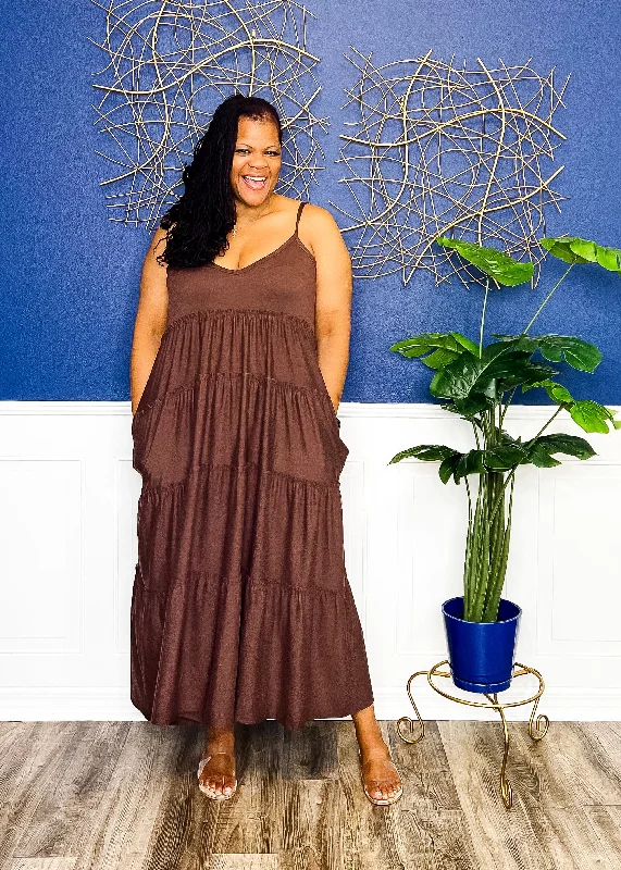 Tiered Tammy Maxi Dress With Pockets- Mahogany (FINAL SALE) Trendy Floral Print Maxi Dress