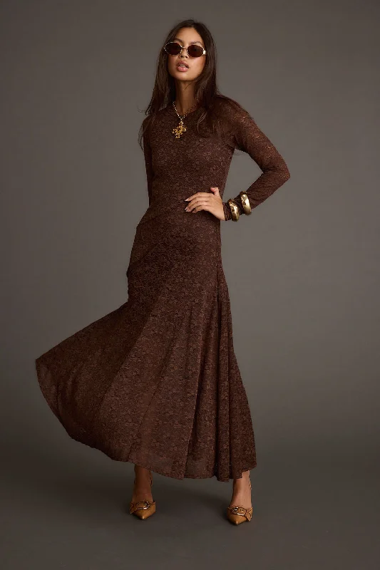 Tierra Brown Lace Long Sleeve Maxi Dress Comfortable Fit-and-Flare Maxi Dress