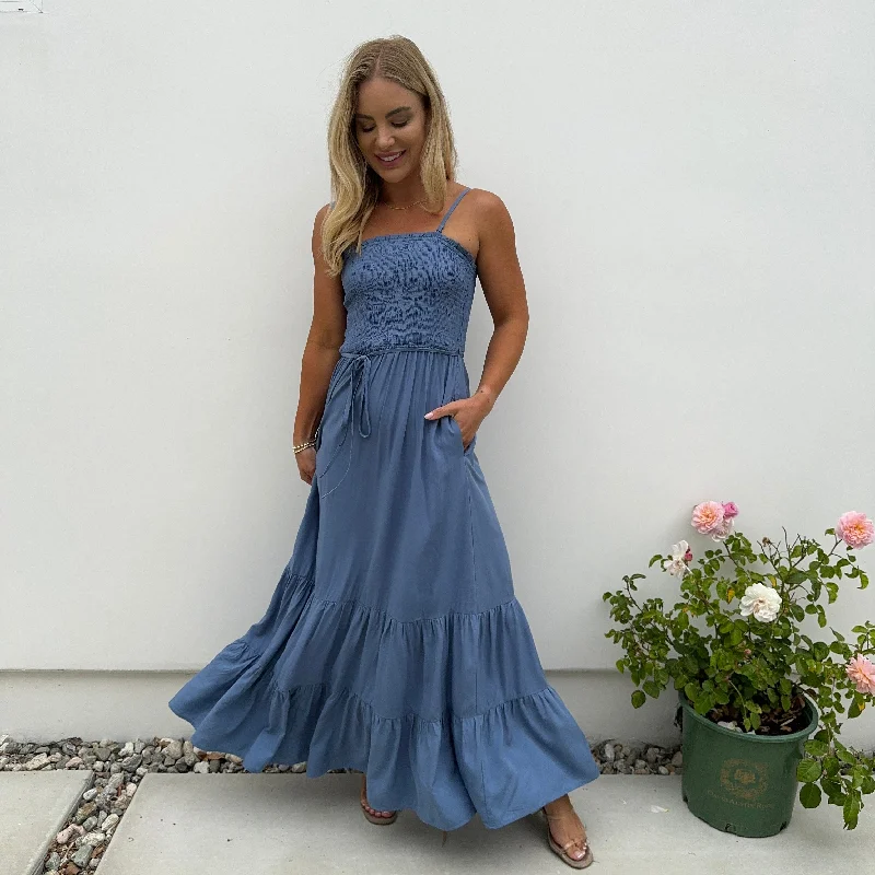 Tiers to Summer Blue Smock Maxi Dress Comfortable Flowy Maxi Dress
