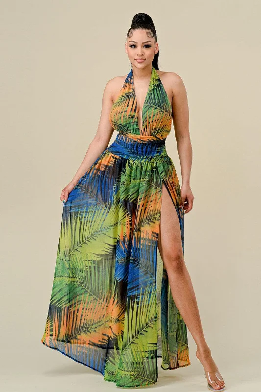 tropical palm halter maxi dress Trendy Off-Shoulder Ruffle Maxi Dress