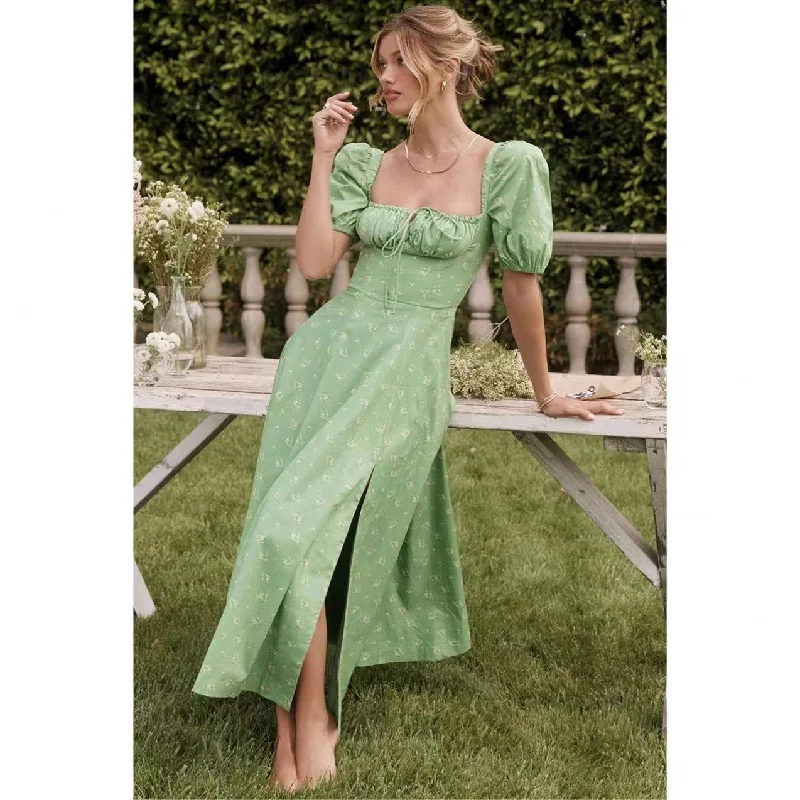U-Neck Puff Sleeve Floral Print Maxi Dress Trendy Floral Print Maxi Dress