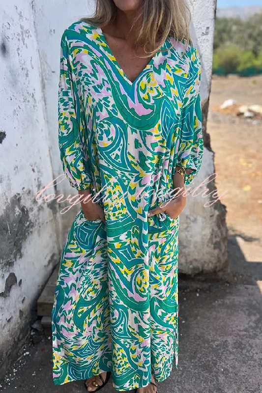 Unique Print V Neck Loose Pocket Holiday Maxi Dress Elegant Maxi Dress with Pockets