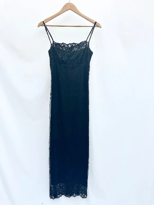 Vintage 90s Lace Trim Maxi Dress (S) Comfortable Bohemian Maxi Dress