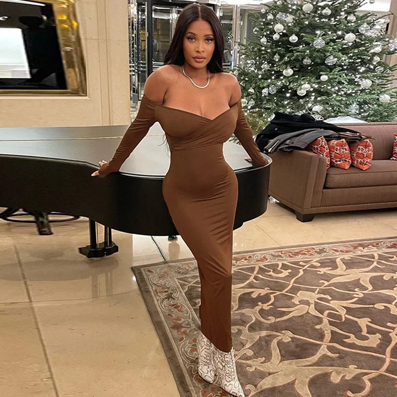 V-Neck Off-Shoulder Bodycon Maxi Dress Cozy Ribbed Maxi Dress