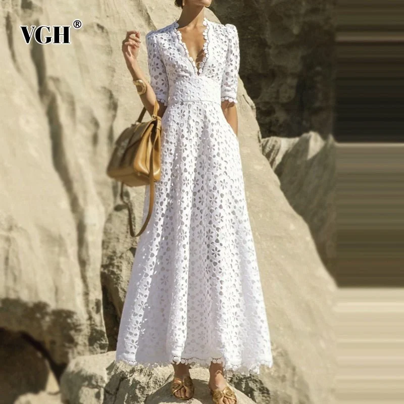 VGH Elegant Vintage White Hollow-Out Deep V-Neck High Waste Maxi Dress Trendy Maxi Dress with Lace