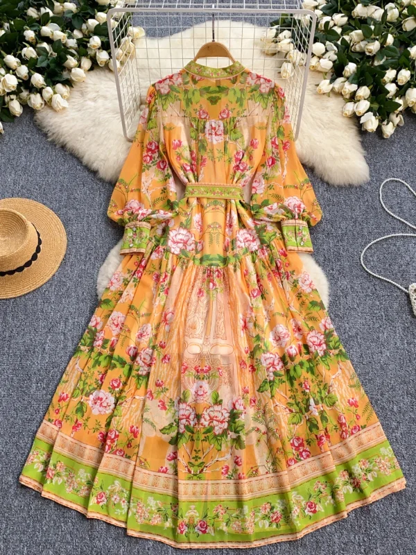 Vibrant Orange Floral Print Maxi Dress Stylish Button-Up Maxi Dress